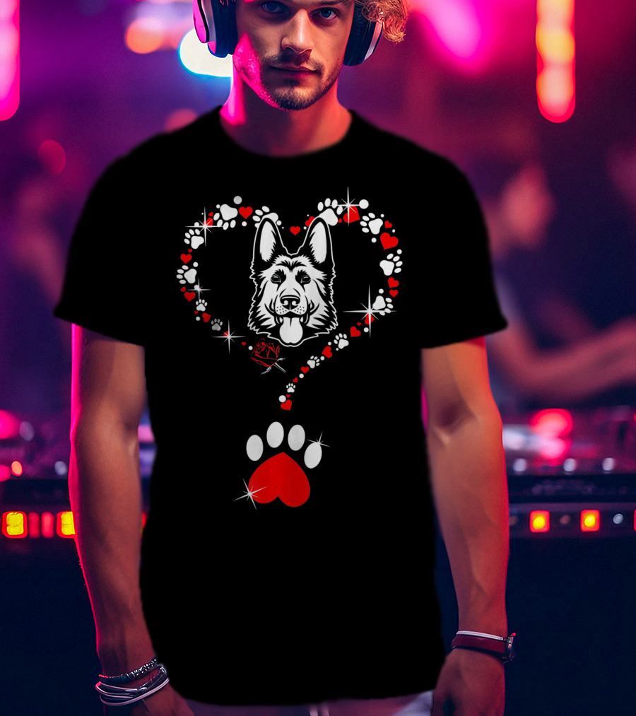 Happy Valentine German Shepherd Dog Heart Paw Prints T-Shirt