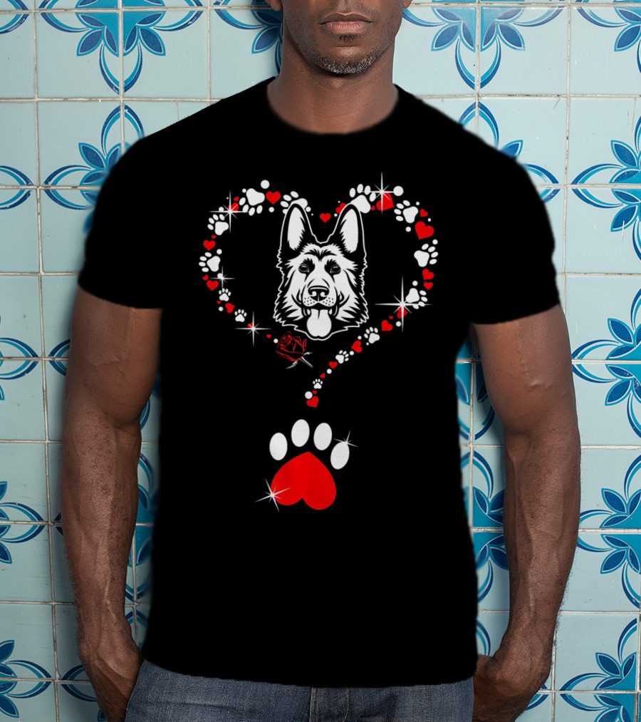 Happy Valentine German Shepherd Dog Heart Paw Prints T-Shirt