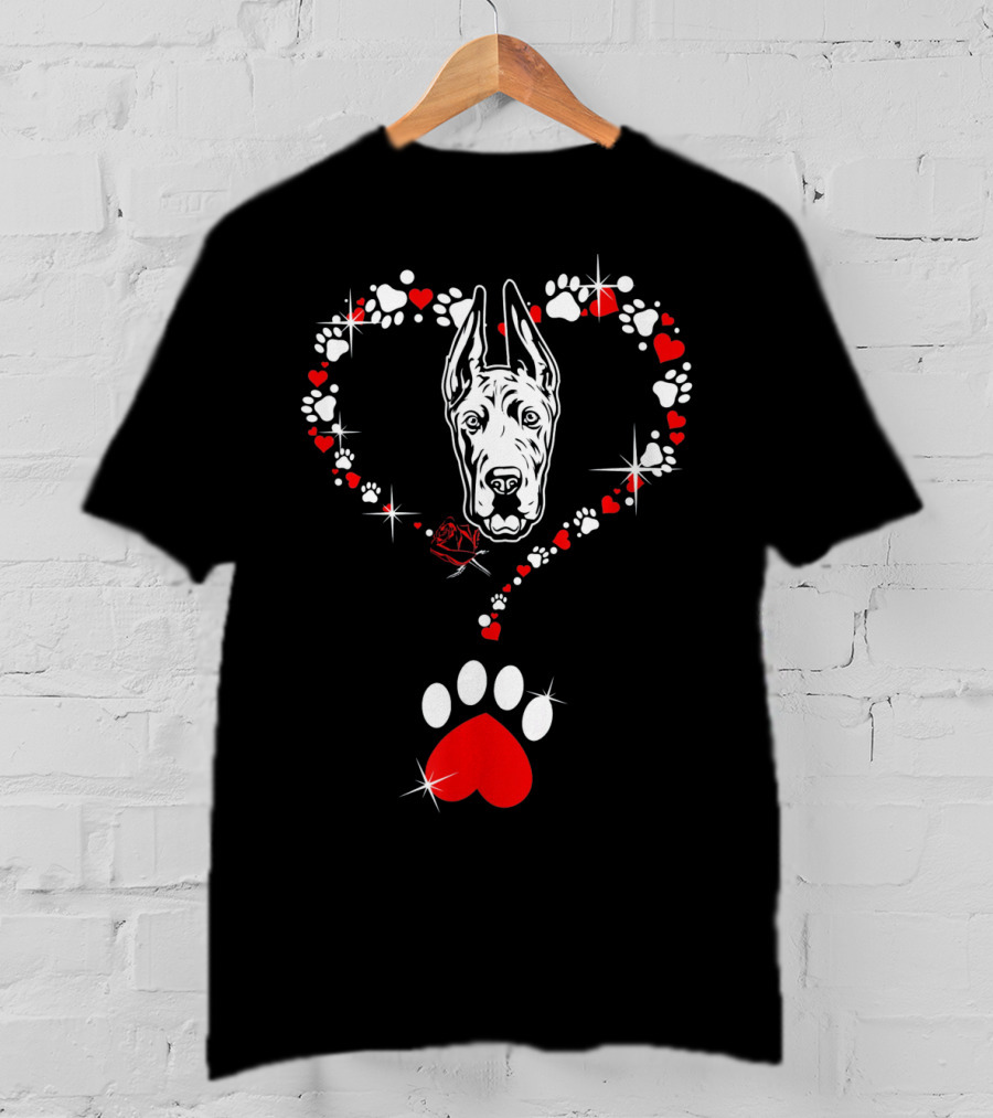Happy Valentine Great Dane Dog Heart Pawprint T-Shirt