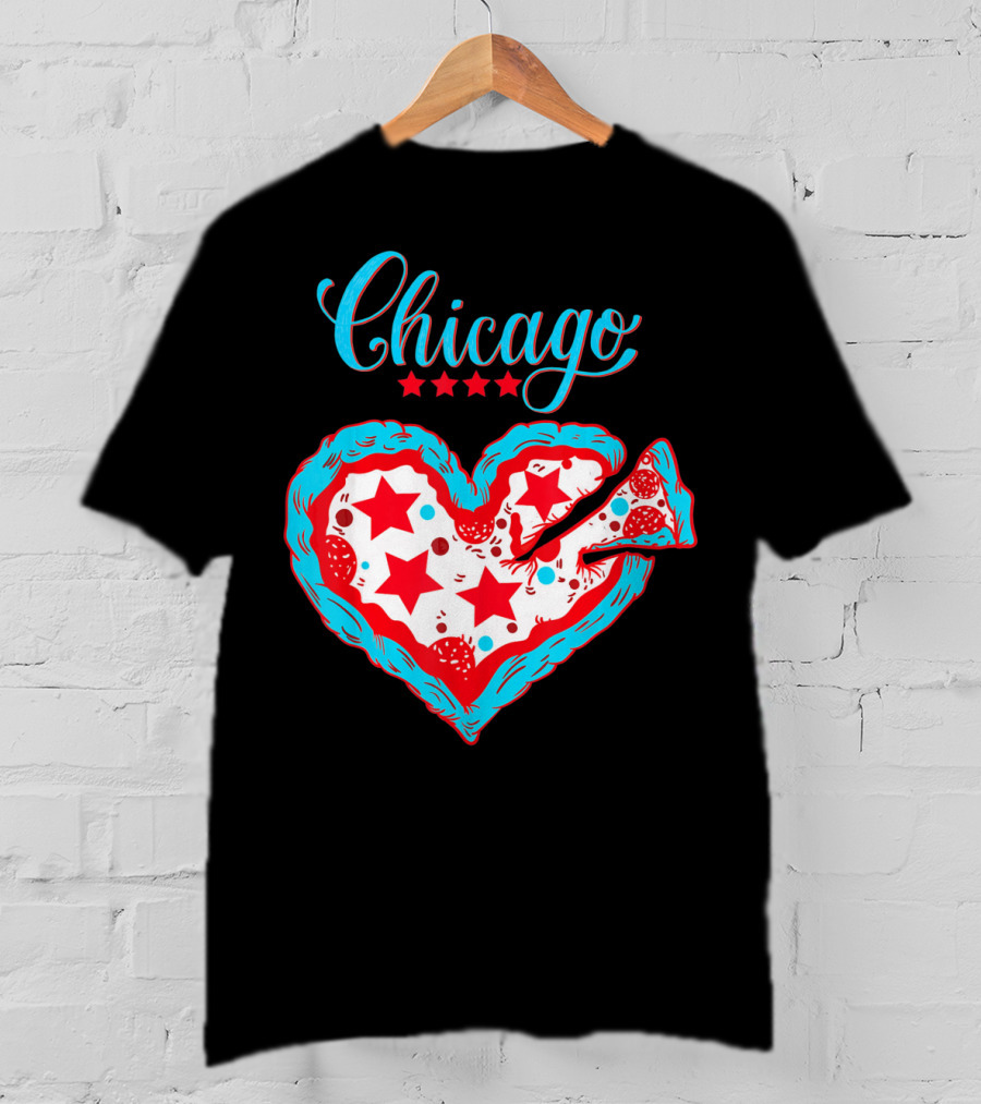 Chicago Heart Pizza Stars Valentines Day T-Shirt