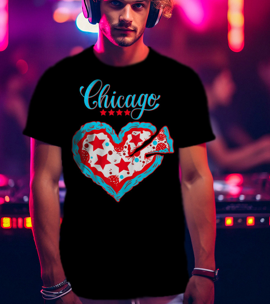 Chicago Heart Pizza Stars Valentines Day T-Shirt