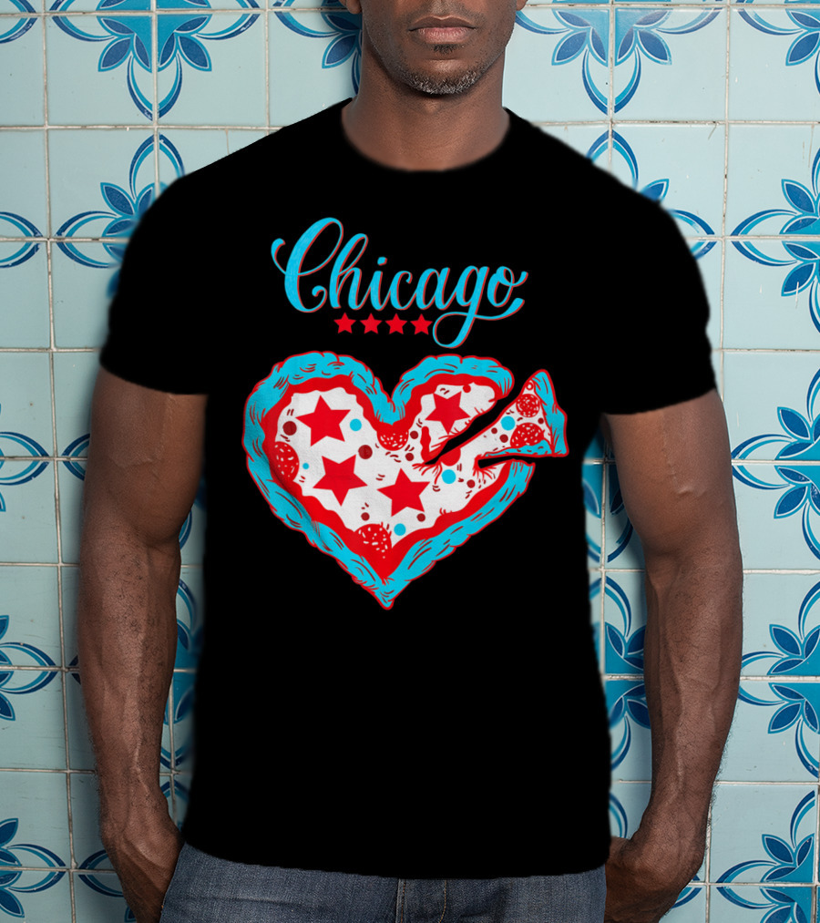 Chicago Heart Pizza Stars Valentines Day T-Shirt