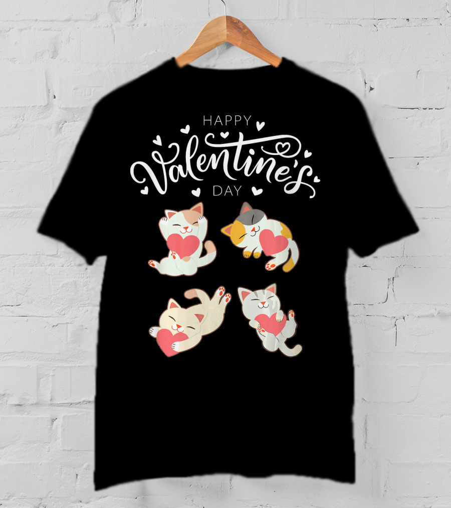 Happy Valentine's Day Four Cute Cats Holding Hearts T-Shirt