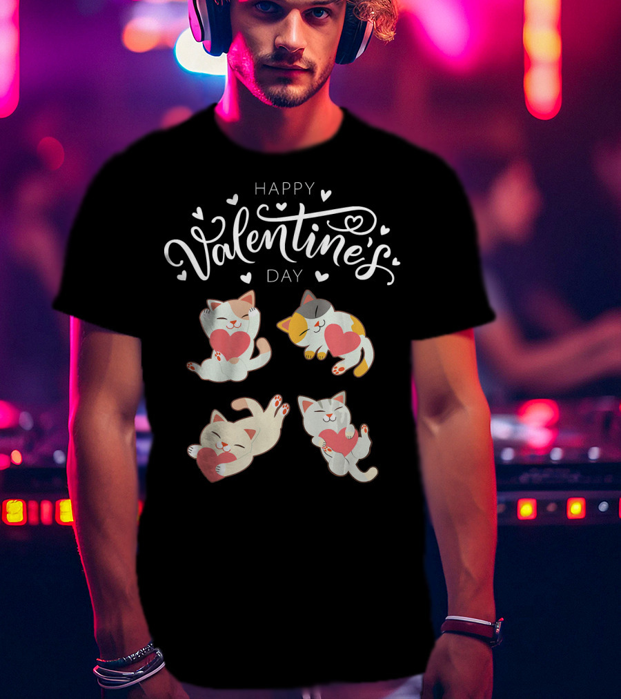 Happy Valentine's Day Four Cute Cats Holding Hearts T-Shirt
