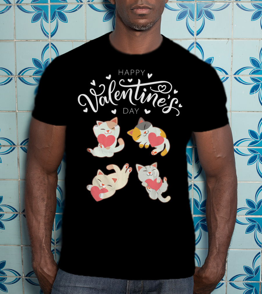 Happy Valentine's Day Four Cute Cats Holding Hearts T-Shirt