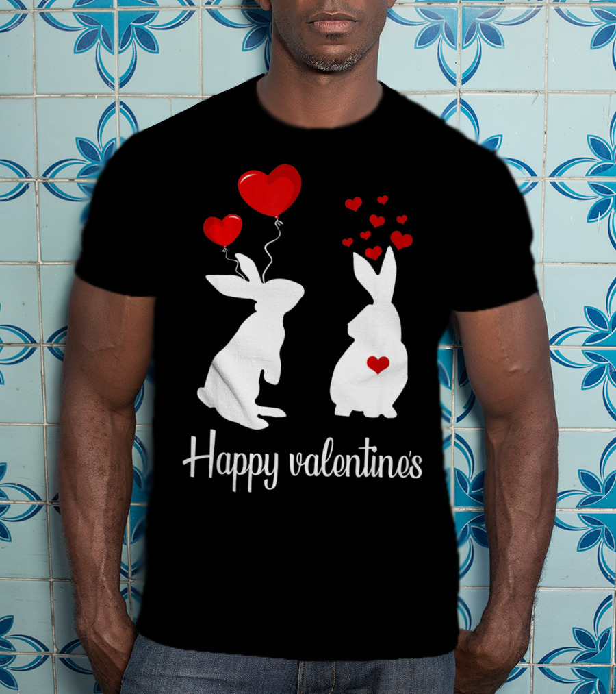 Happy Valentine's White Rabbits With Red Heart Balloons T-Shirt