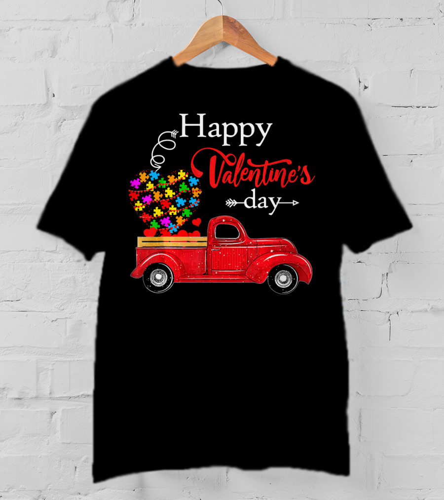 Happy Valentine's Day Truck With Colorful Heart Puzzles T-Shirt