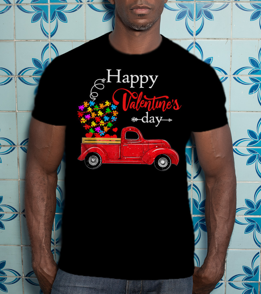 Happy Valentine's Day Truck With Colorful Heart Puzzles T-Shirt
