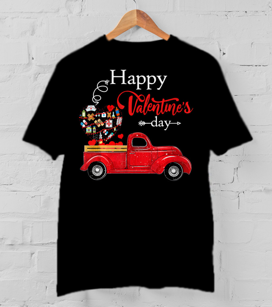 Happy Valentine's Day Red Truck With Heart-Shaped Balloons And Gifts T-Shirt