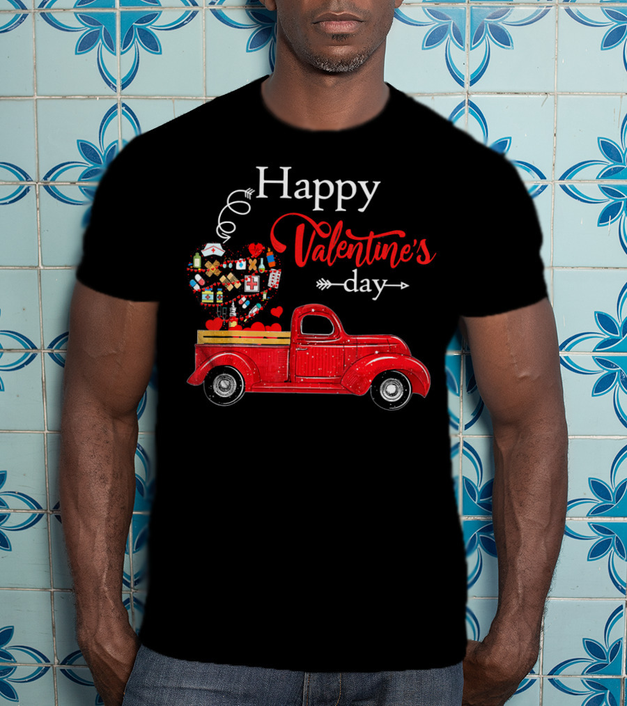 Happy Valentine's Day Red Truck With Heart-Shaped Balloons And Gifts T-Shirt