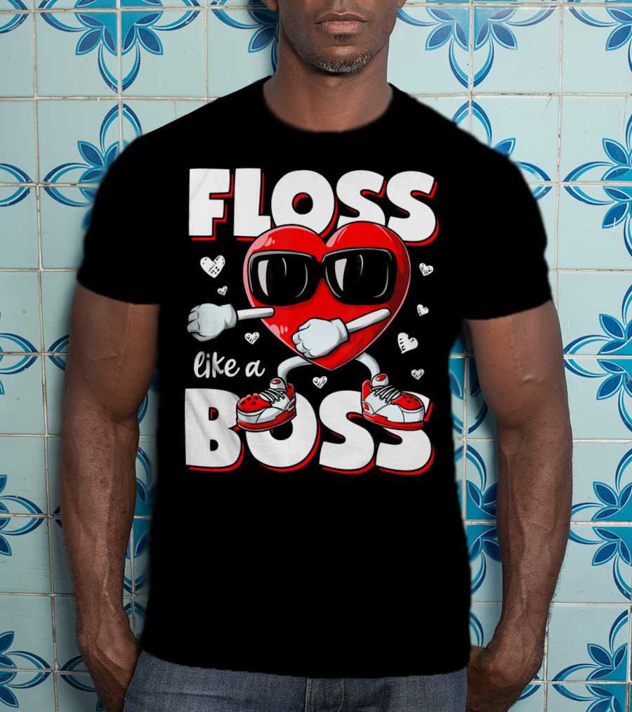Floss Like A Boss Heart With Sunglasses Valentines Day T-Shirt