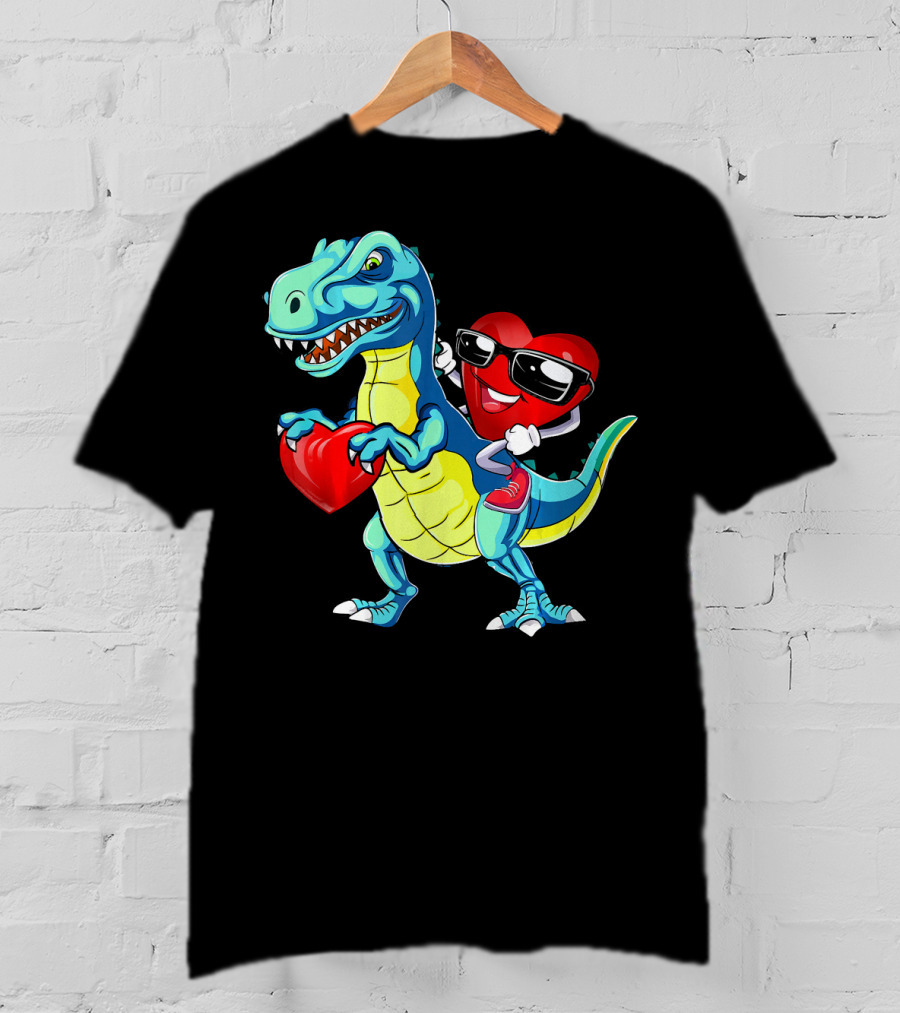 Valentine Heart With Sunglasses Riding Dinosaur With Heart T-Shirt