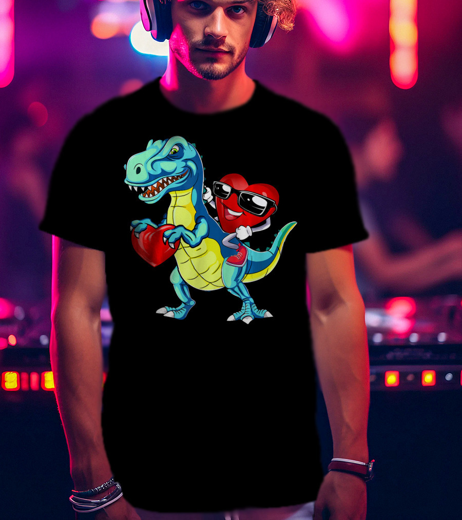 Valentine Heart With Sunglasses Riding Dinosaur With Heart T-Shirt