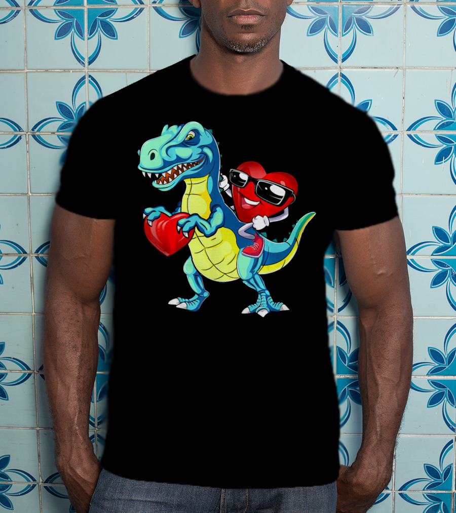 Valentine Heart With Sunglasses Riding Dinosaur With Heart T-Shirt