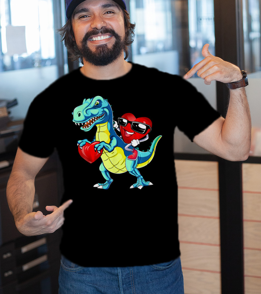 Valentine Heart With Sunglasses Riding Dinosaur With Heart T-Shirt