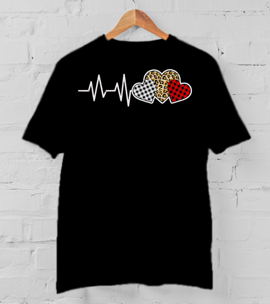 Heartbeat Three Patterned Hearts Leopard Buffalo Plaid T-Shirt