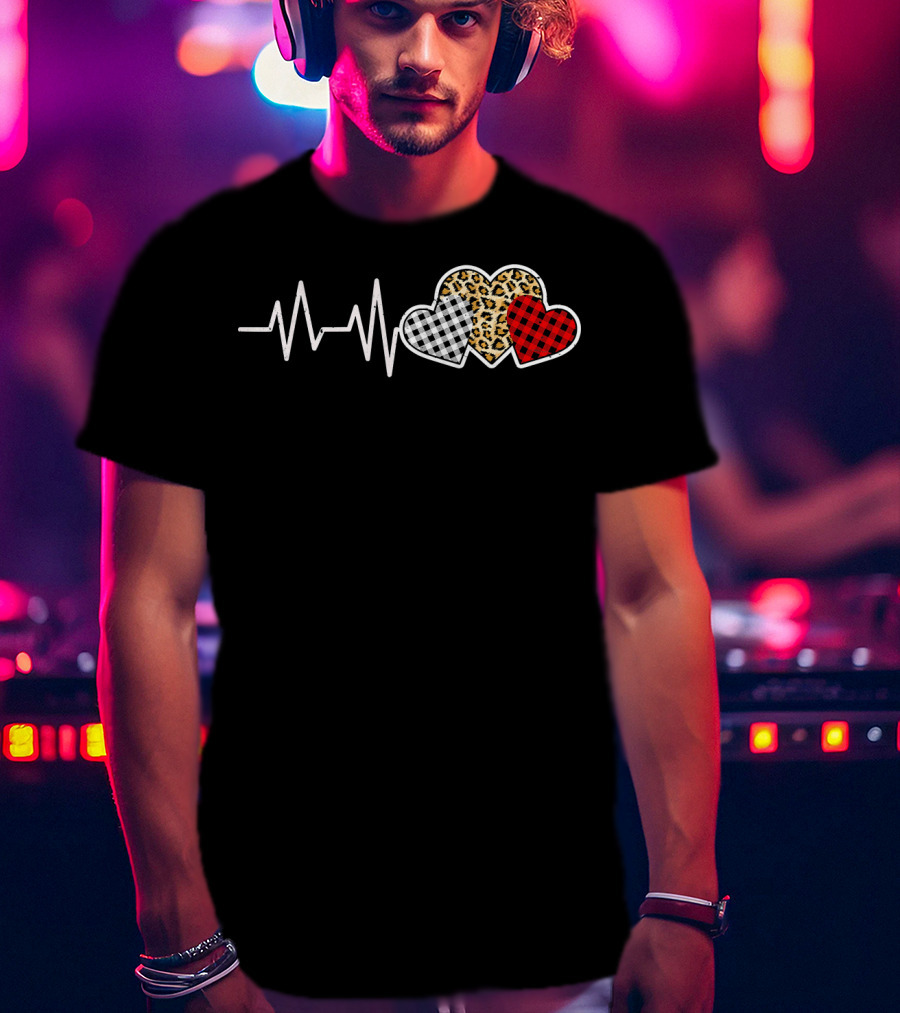 Heartbeat Three Patterned Hearts Leopard Buffalo Plaid T-Shirt