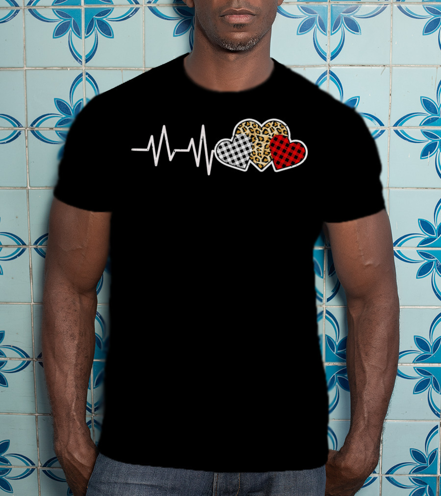 Heartbeat Three Patterned Hearts Leopard Buffalo Plaid T-Shirt