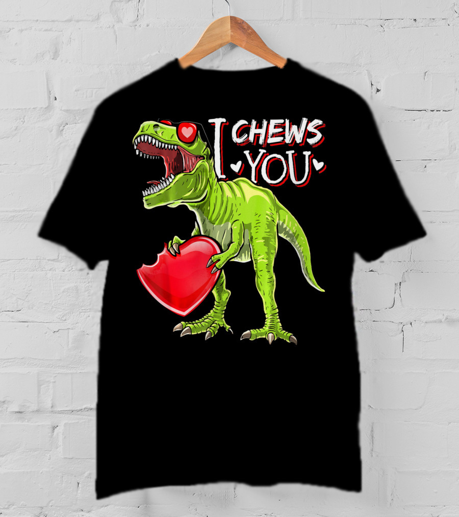 I Chews You Valentine Rex Dinosaur Holding Heart With Red Glasses T-Shirt