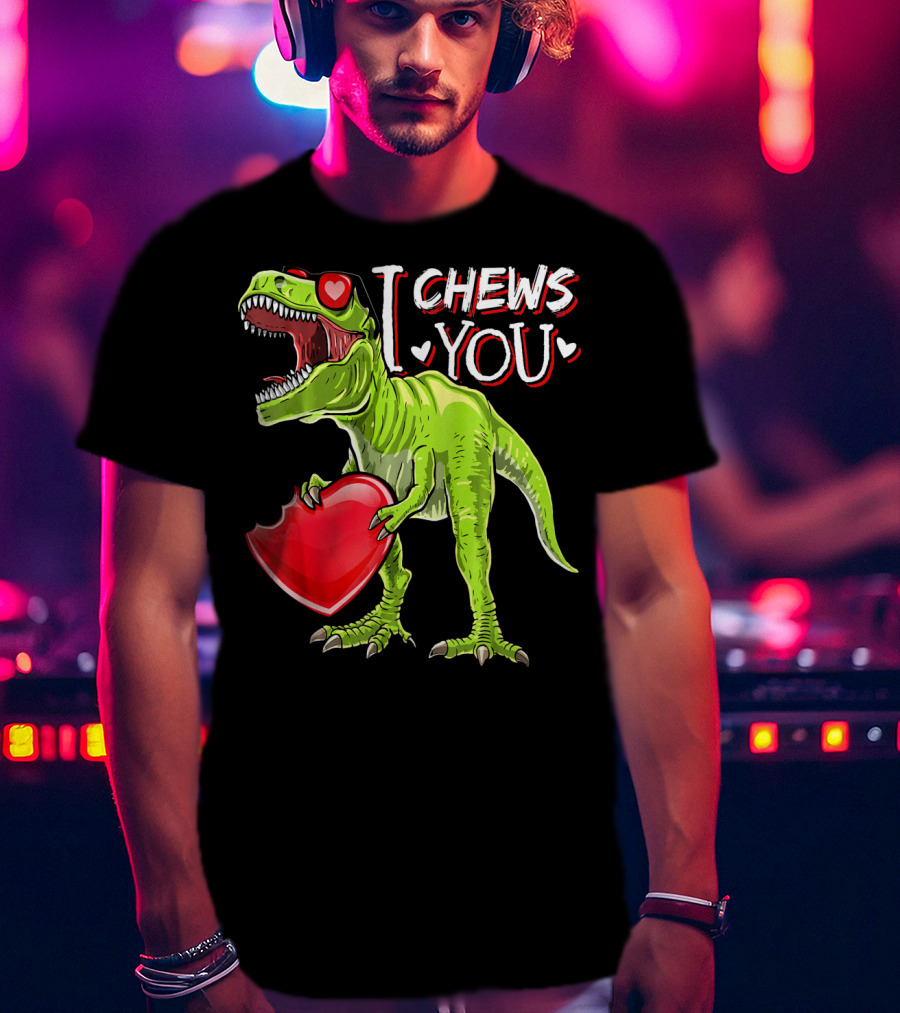 I Chews You Valentine Rex Dinosaur Holding Heart With Red Glasses T-Shirt