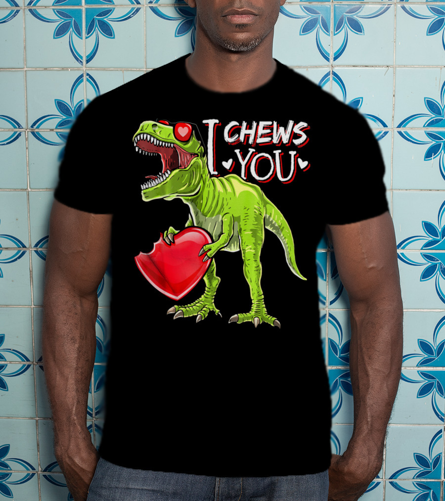 I Chews You Valentine Rex Dinosaur Holding Heart With Red Glasses T-Shirt