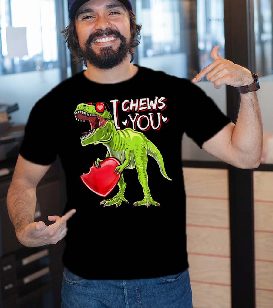 I Chews You Valentine Rex Dinosaur Holding Heart With Red Glasses T-Shirt