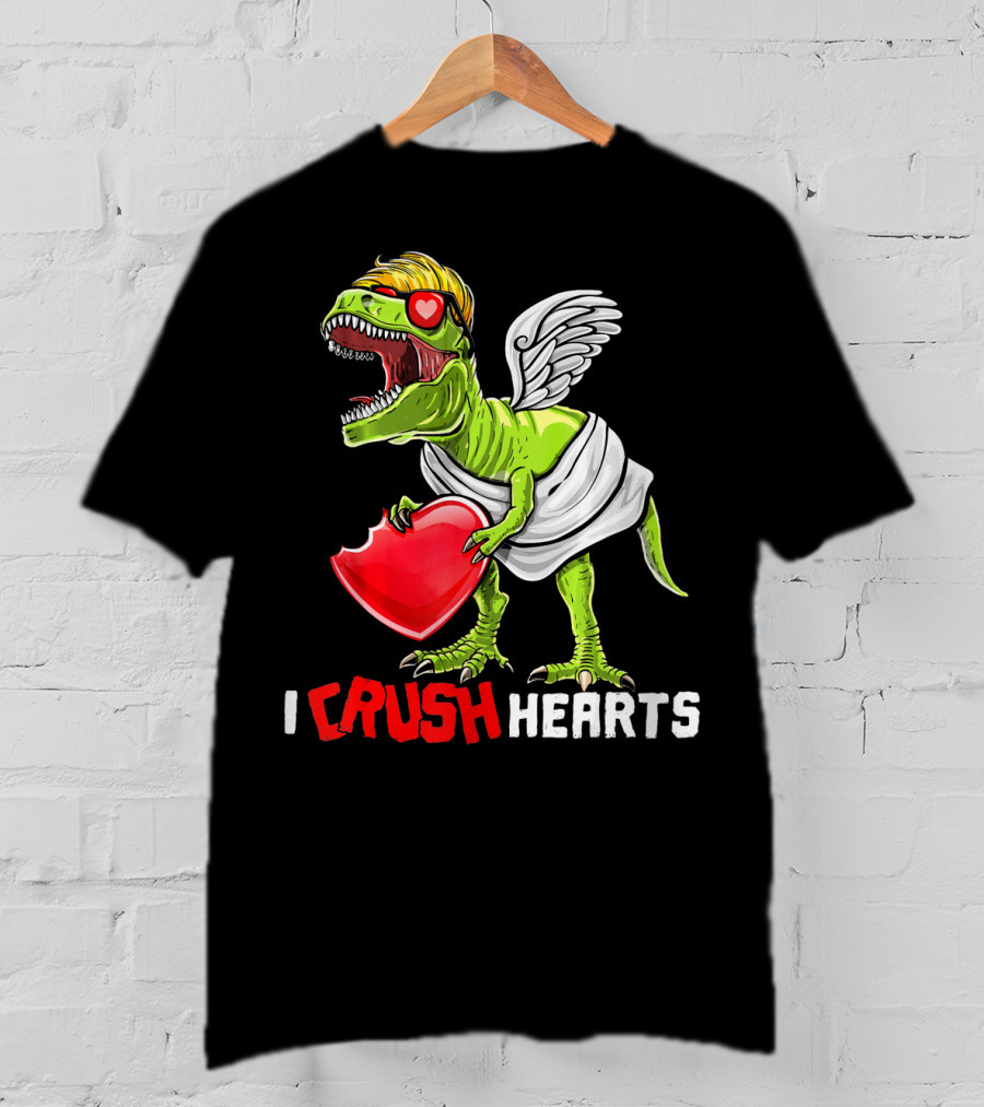 I Crush Hearts Valentine Day T-Rex With Wings And Heart T-Shirt