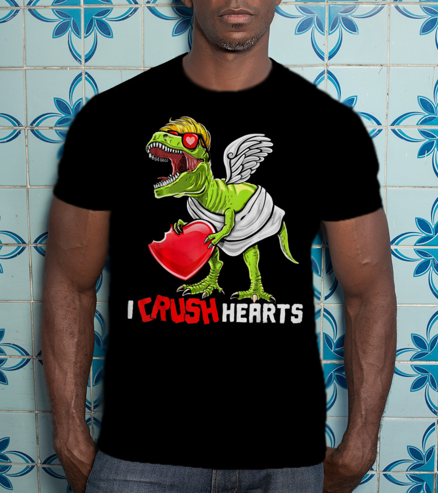 I Crush Hearts Valentine Day T-Rex With Wings And Heart T-Shirt