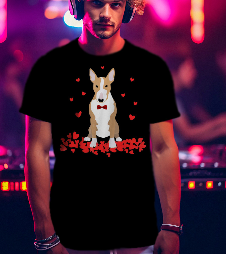 I Love My Bull Terrier Valentine Surrounded By Hearts And Red Bow Tie T-Shirt
