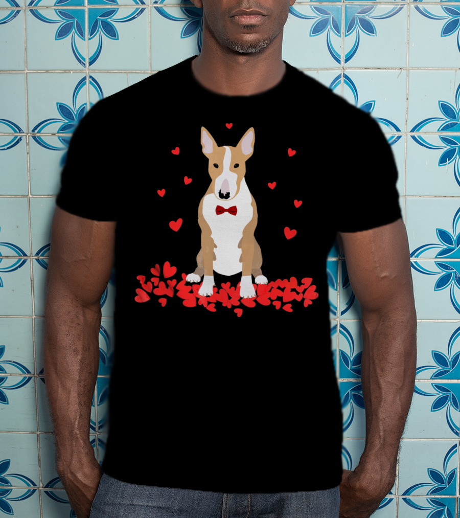 I Love My Bull Terrier Valentine Surrounded By Hearts And Red Bow Tie T-Shirt