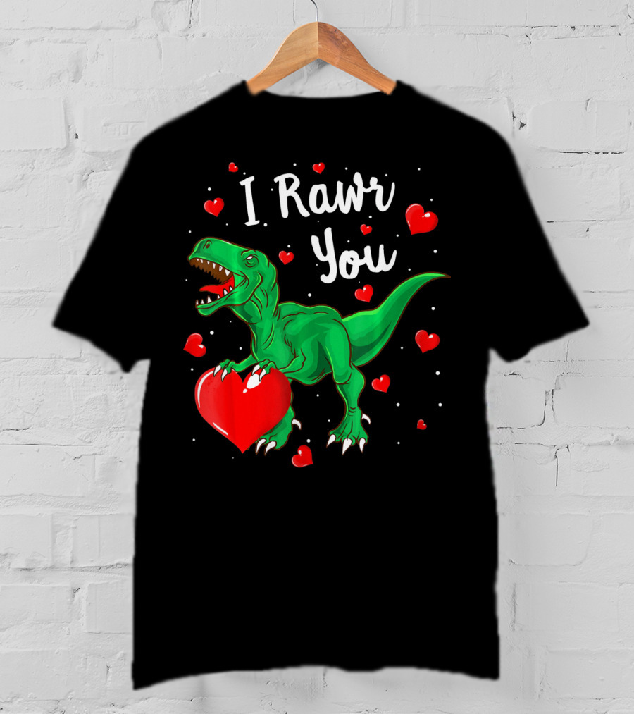 I Rawr You Dinosaur Valentine Green T-Rex With Red Hearts T-Shirt