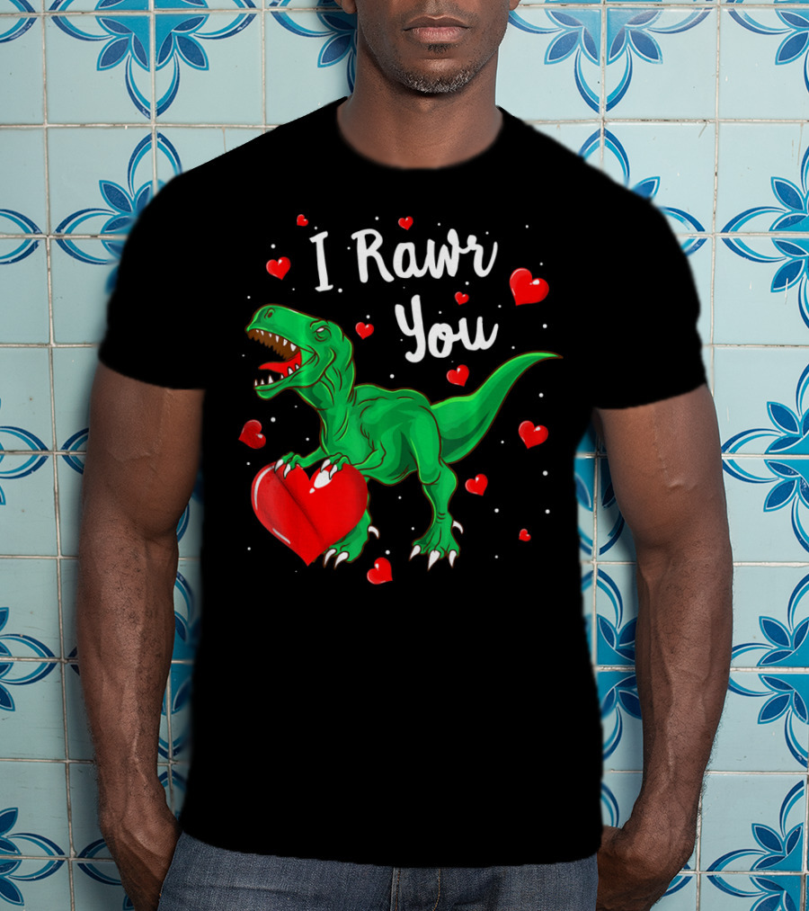 I Rawr You Dinosaur Valentine Green T-Rex With Red Hearts T-Shirt