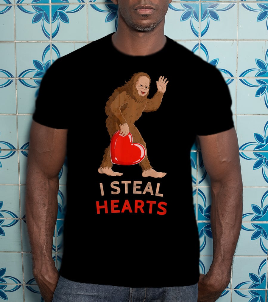 I Steal Hearts Bigfoot Valentine's Day Funny Sasquatch Image T-Shirt