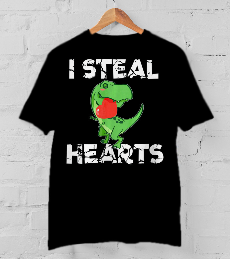 I Steal Hearts Dinosaur Valentine's Day T-Rex Holding Heart T-Shirt