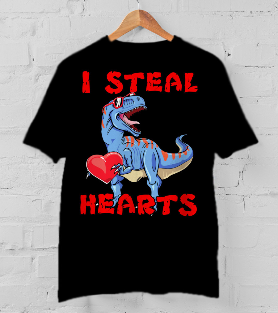 I Steal Hearts Dinosaur Valentines Red Heart Sunglasses T-Shirt