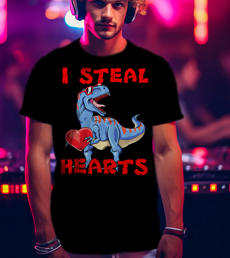 I Steal Hearts Dinosaur Valentines Red Heart Sunglasses T-Shirt