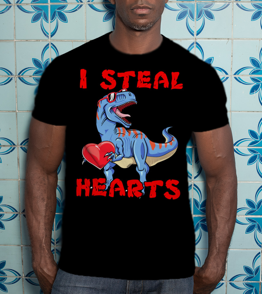 I Steal Hearts Dinosaur Valentines Red Heart Sunglasses T-Shirt