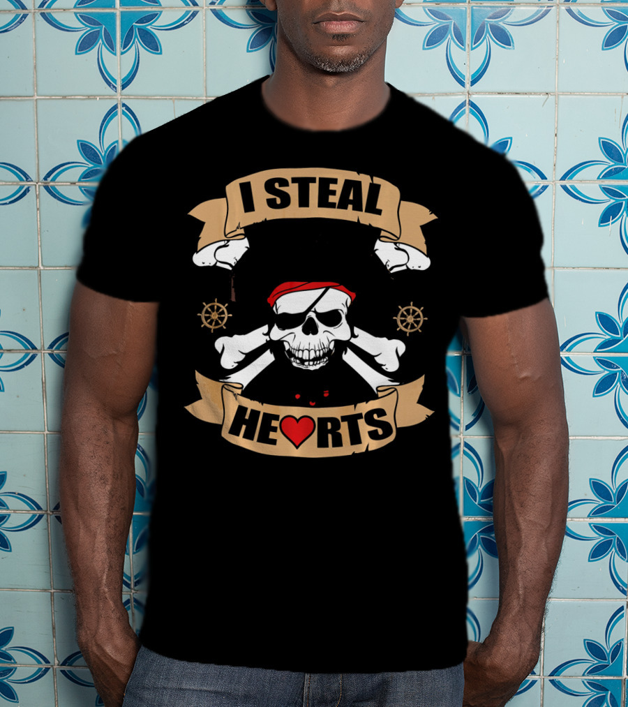 I Steal Hearts Funny Pirate Valentines Skull Bandana Steering Wheel T-Shirt