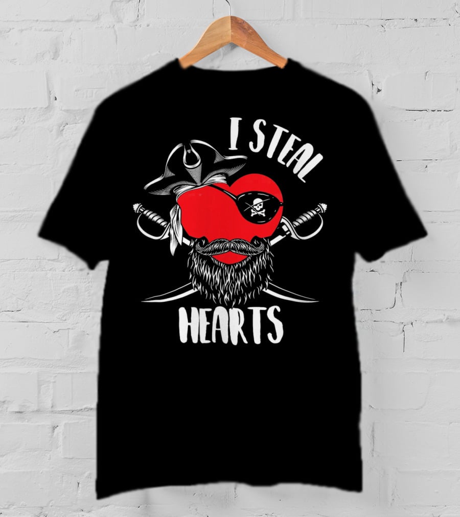 I Steal Hearts Funny Valentines Day Pirate Beard Patch Swords T-Shirt
