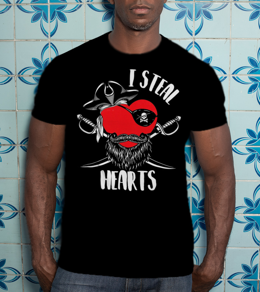 I Steal Hearts Funny Valentines Day Pirate Beard Patch Swords T-Shirt