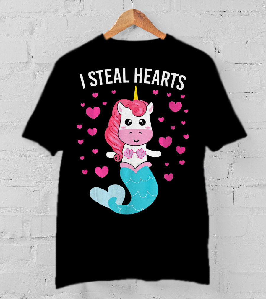 I Steal Hearts Cute Mermaid Unicorn Valentine Hearts T-Shirt