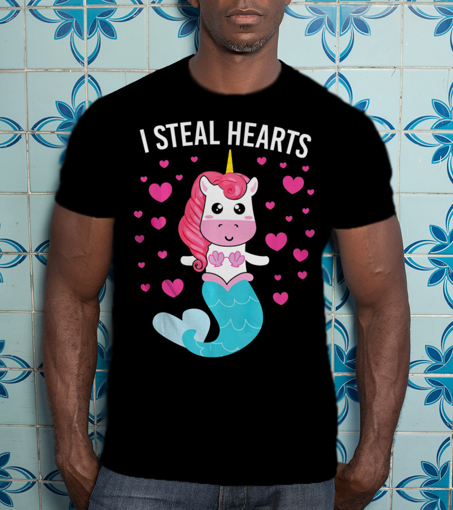 I Steal Hearts Cute Mermaid Unicorn Valentine Hearts T-Shirt