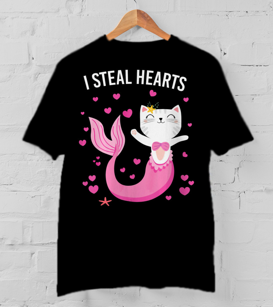 I Steal Hearts Purrmaid Cat Mermaid With Pink Hearts T-Shirt