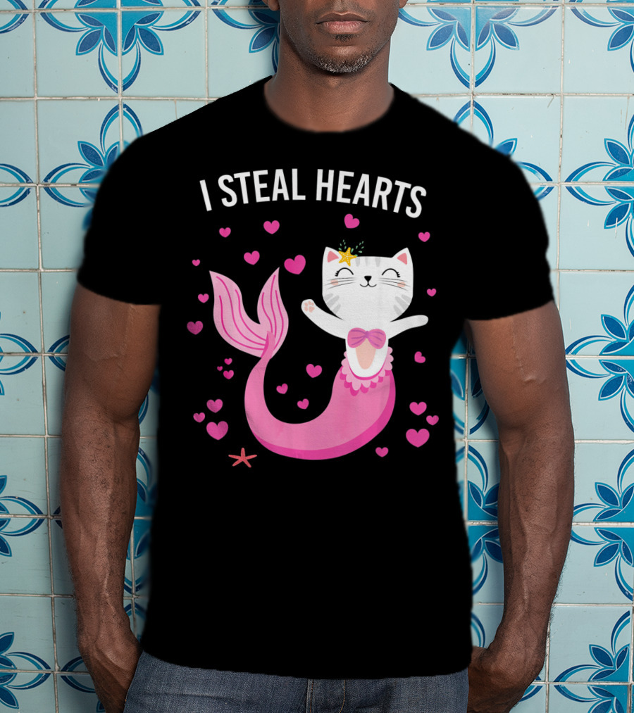 I Steal Hearts Purrmaid Cat Mermaid With Pink Hearts T-Shirt