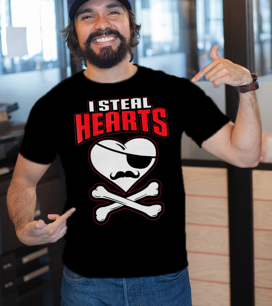 I Steal Hearts Pirate Mustache Crossbones Valentine T-Shirt