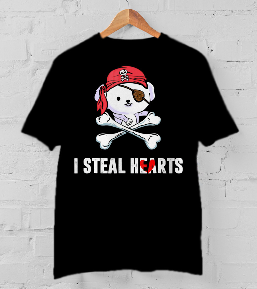 I Steal Hearts Bichon Frise Pirate With Eye Patch And Crossbones T-Shirt