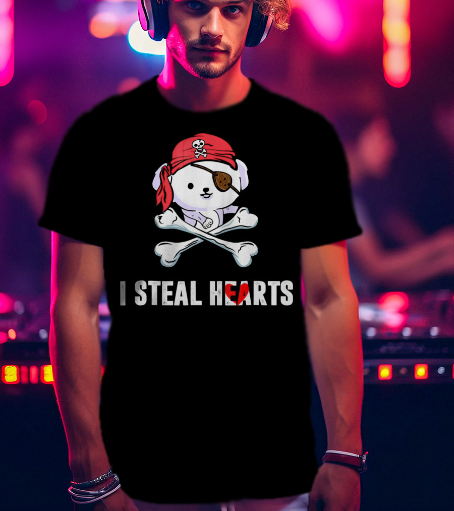 I Steal Hearts Bichon Frise Pirate With Eye Patch And Crossbones T-Shirt