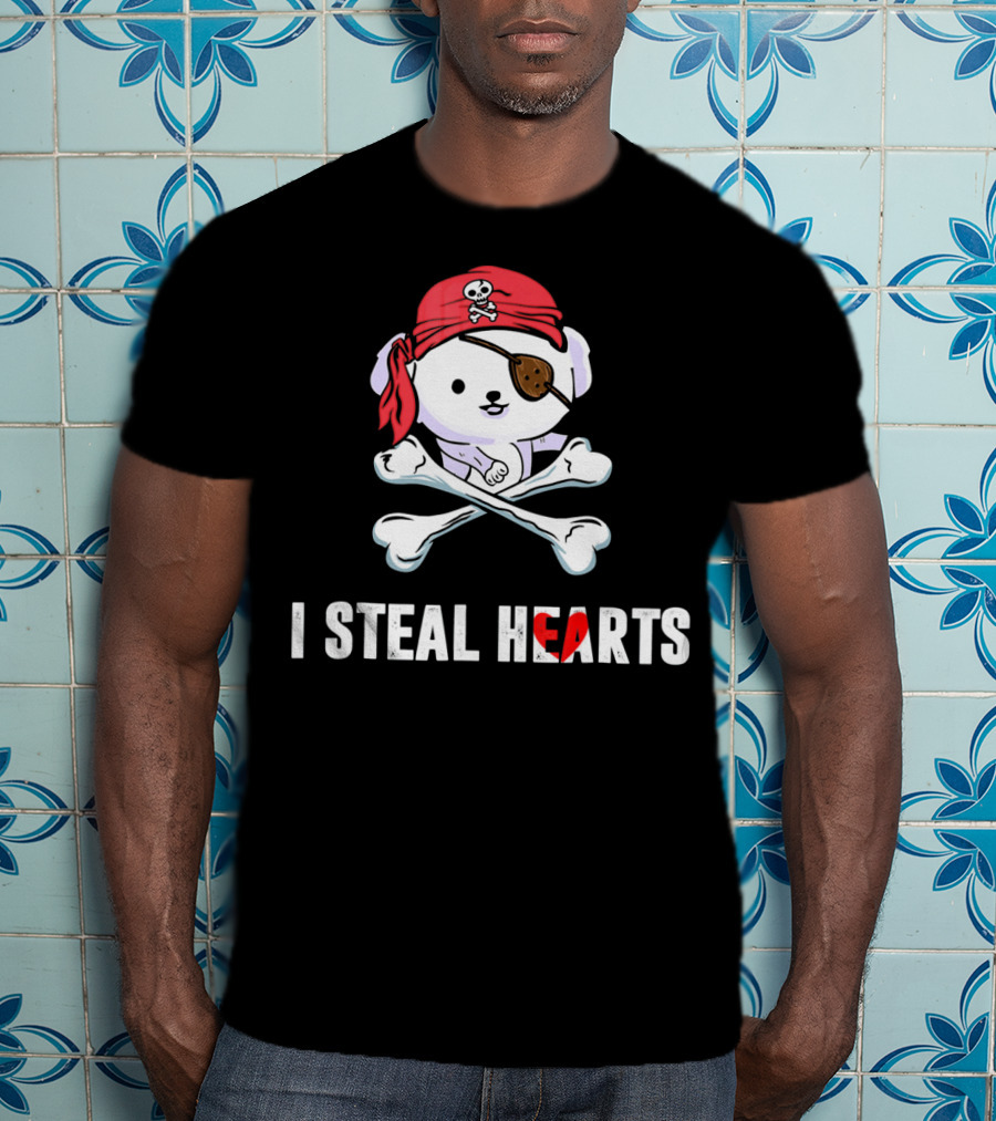 I Steal Hearts Bichon Frise Pirate With Eye Patch And Crossbones T-Shirt