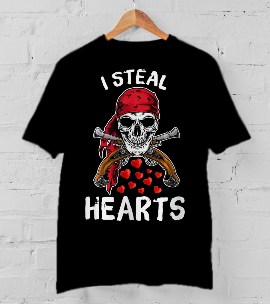 I Steal Hearts Valentines Day Pirate Skull Bandana Guns Hearts T-Shirt