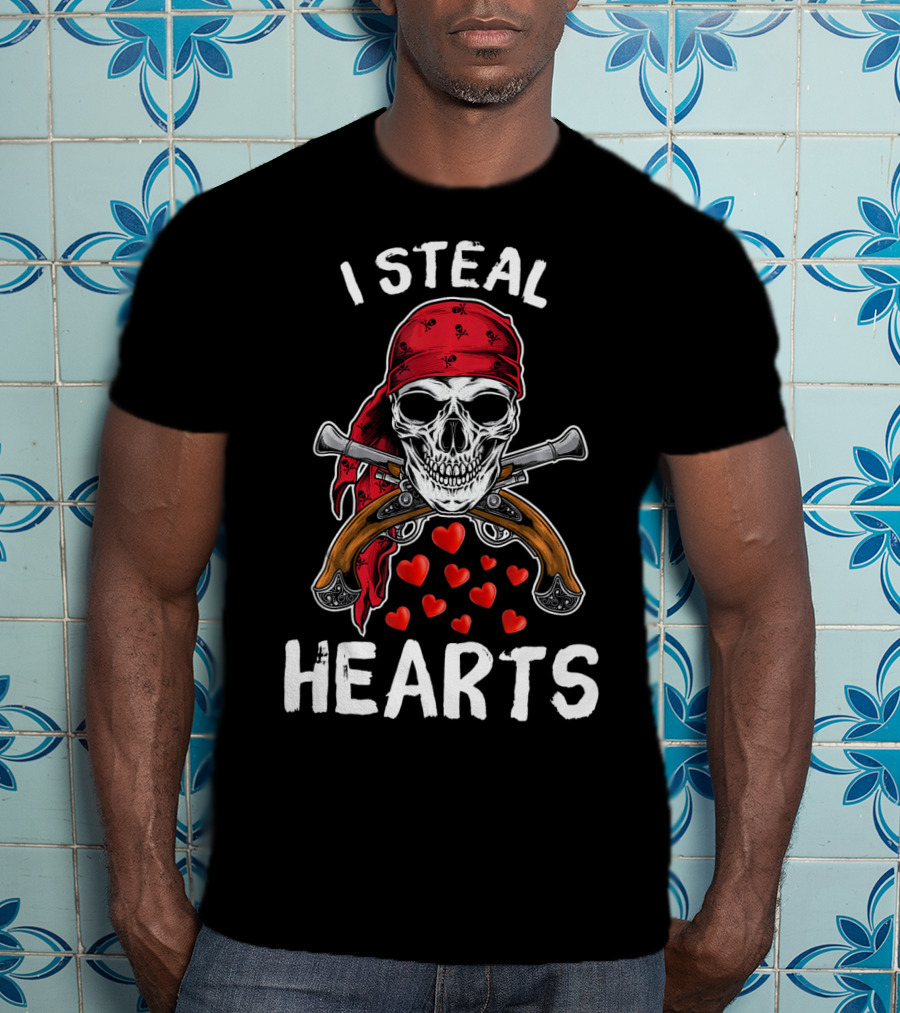 I Steal Hearts Valentines Day Pirate Skull Bandana Guns Hearts T-Shirt